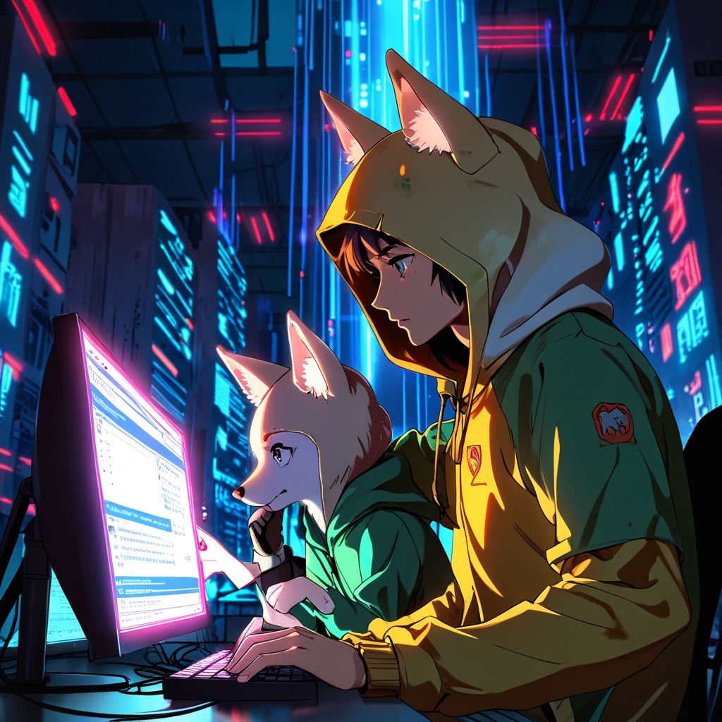 image d'un hacker avec son animal de compagnie qui est un fennec